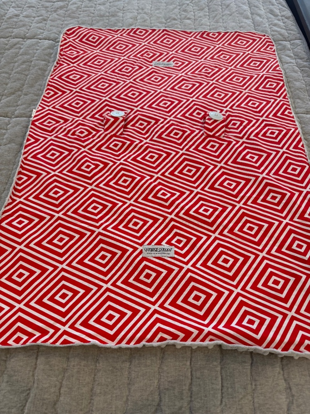 Car Seat Canopy Geometric Red Gray Minky Carseat Cover Chunky Buttons Baby Sun